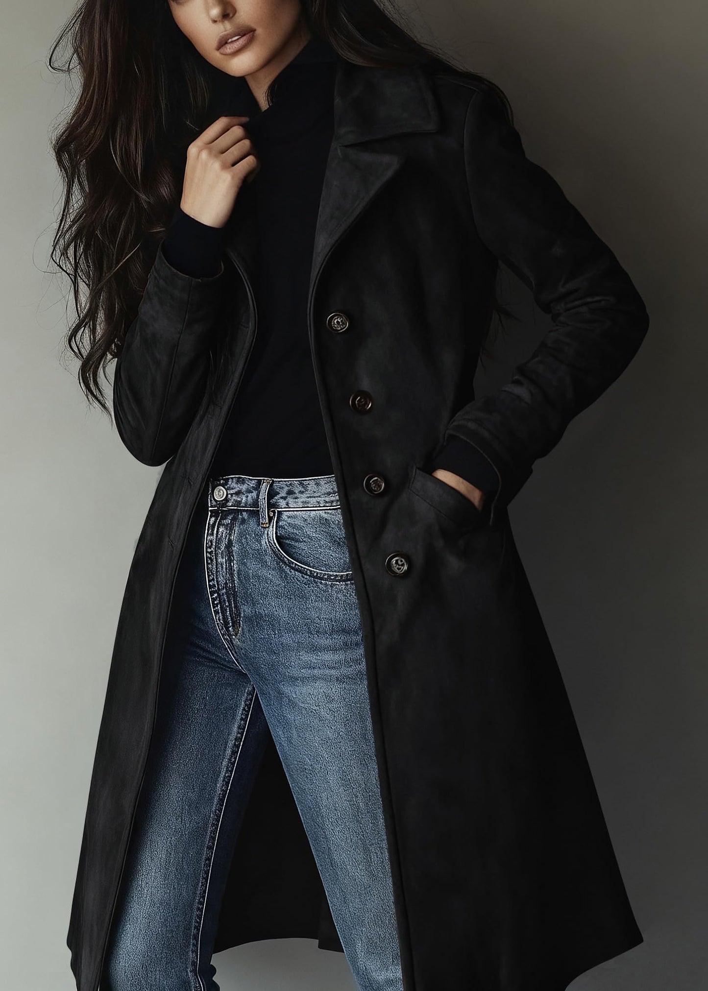 chouyatou Women's Fall Faux Suede Leather Trench Coat Casual Lapel Midi Long Dressy Blazer Jacket Coat with Pockets (X-Small, Black)