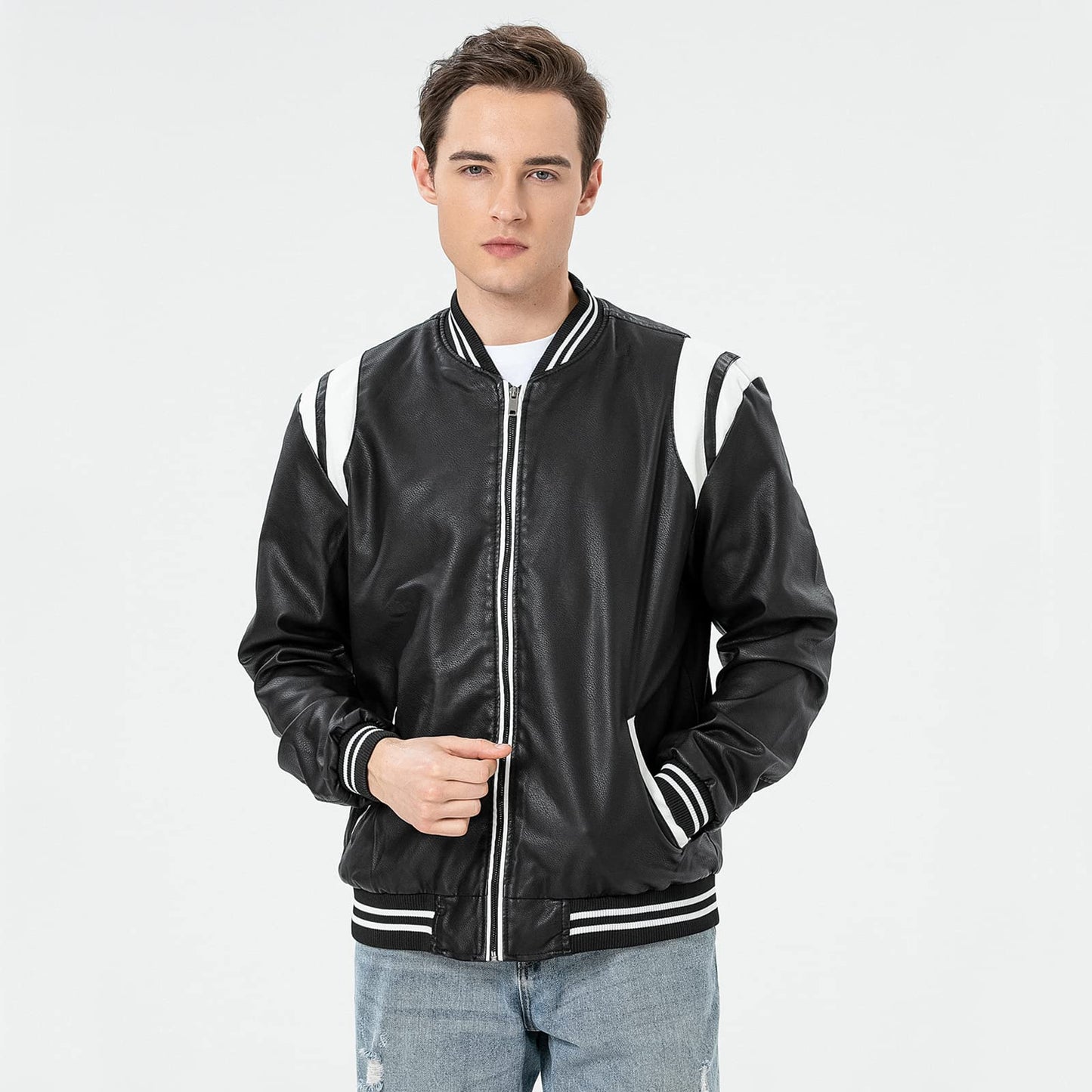 chuida Mens PU Faux Leather Motorcycle Bomber Jacket Stand Collar Fleece Windproof Lightweight Biker Racing Coats Outwear