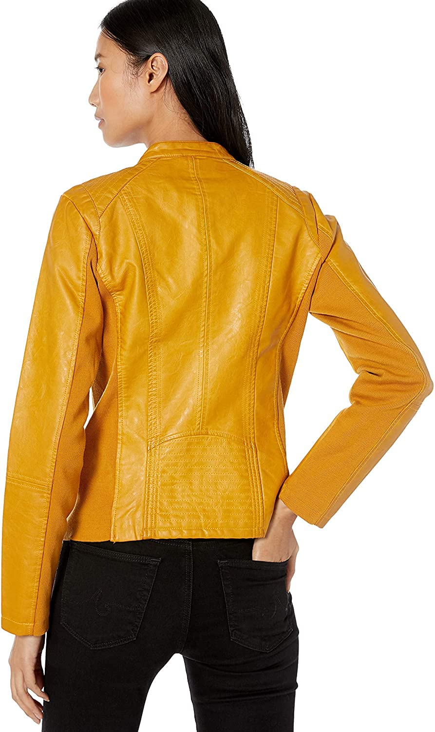 Sebby Collection Women's Faux Leather Jacket with Moto Details and Front Zip Pockets, Yellow, 1X