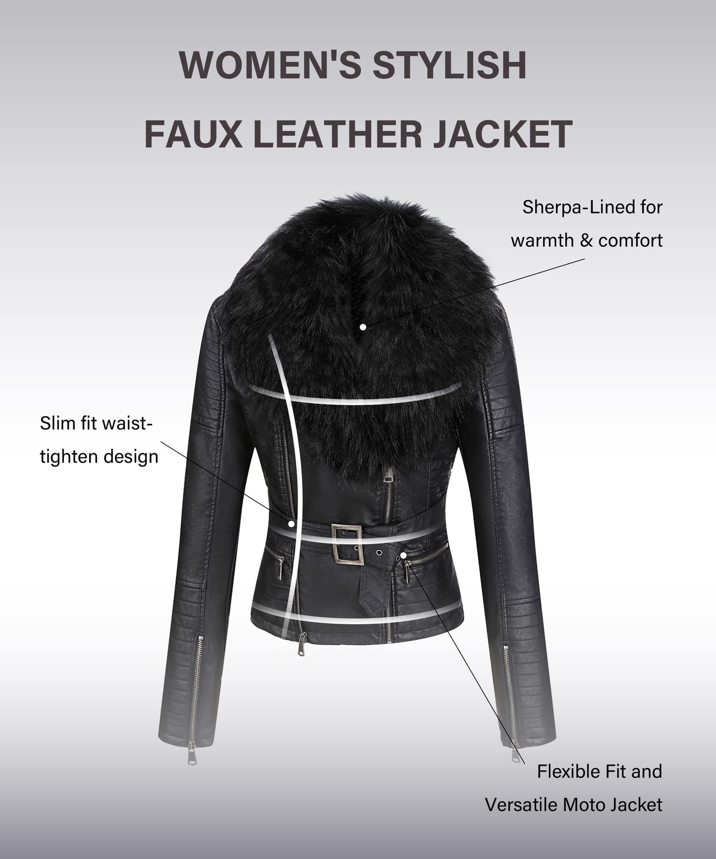 Bellivera Women's Faux Leather Short Jacket Moto Sherpa-Lined Belt Coat with Removable Fur Collar 9203 Black XL