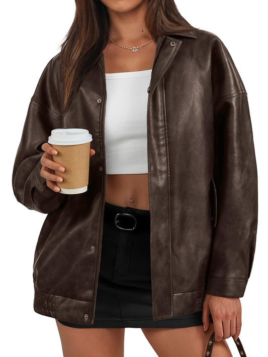Trendy Queen Women's Oversized Faux Leather Jackets - Textured Bomber Moto Style Zip Up Coats for Fall Winter Spring Brown M
