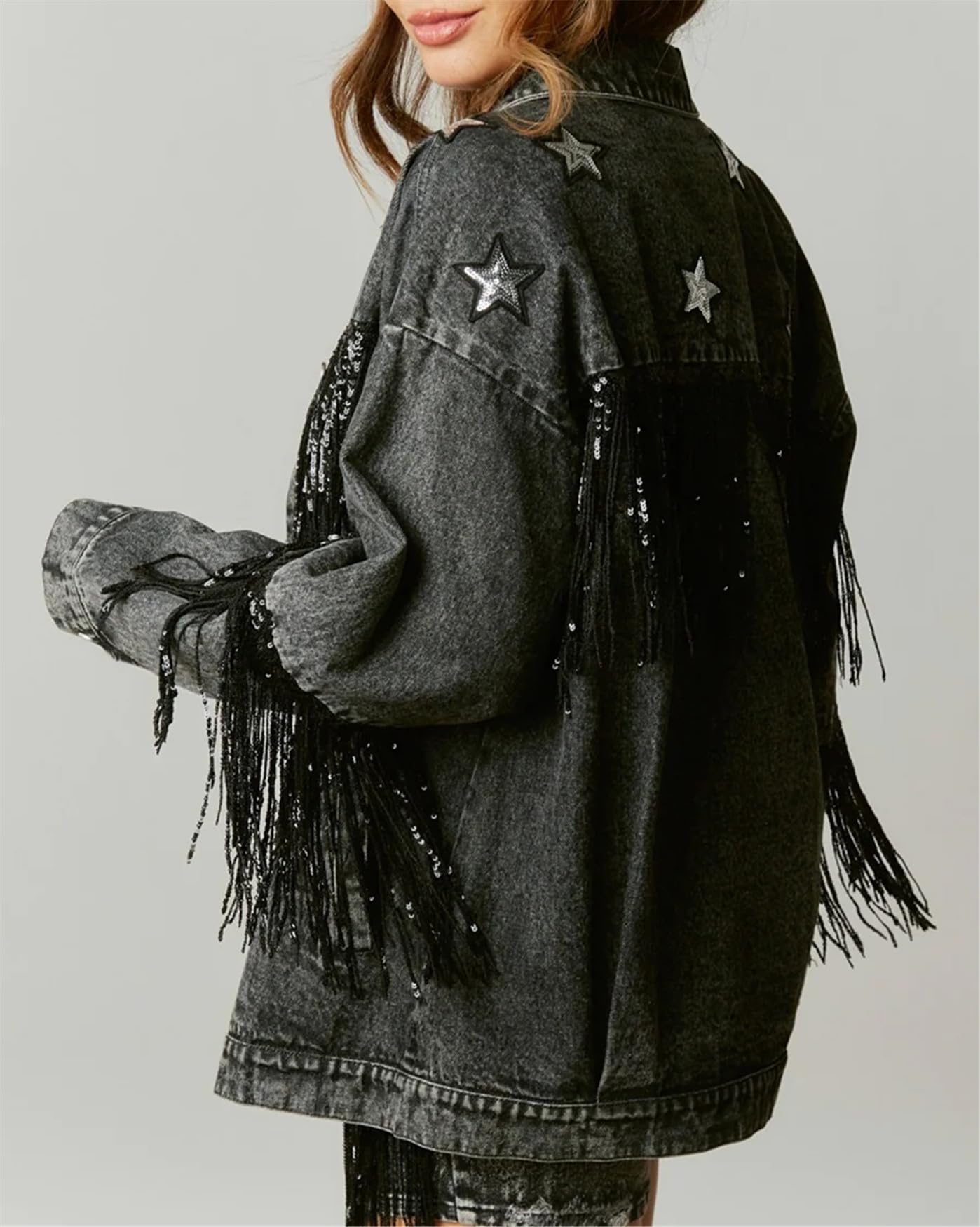 CYLADY Womens Denim Jacket with Fringe Rhinestones Long Sleeve Casual Tassel Jean Jacket Large
