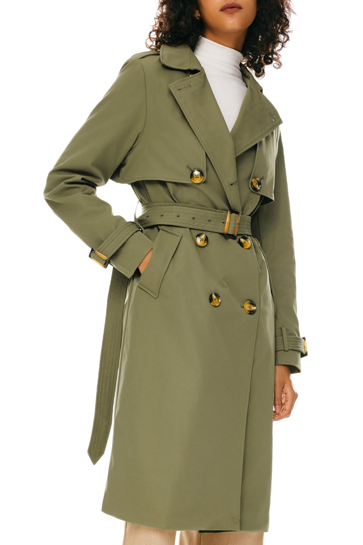 Orolay Women's 3/4 Length Double Breasted Trench Coat Lapel Jacket with Belt Green M