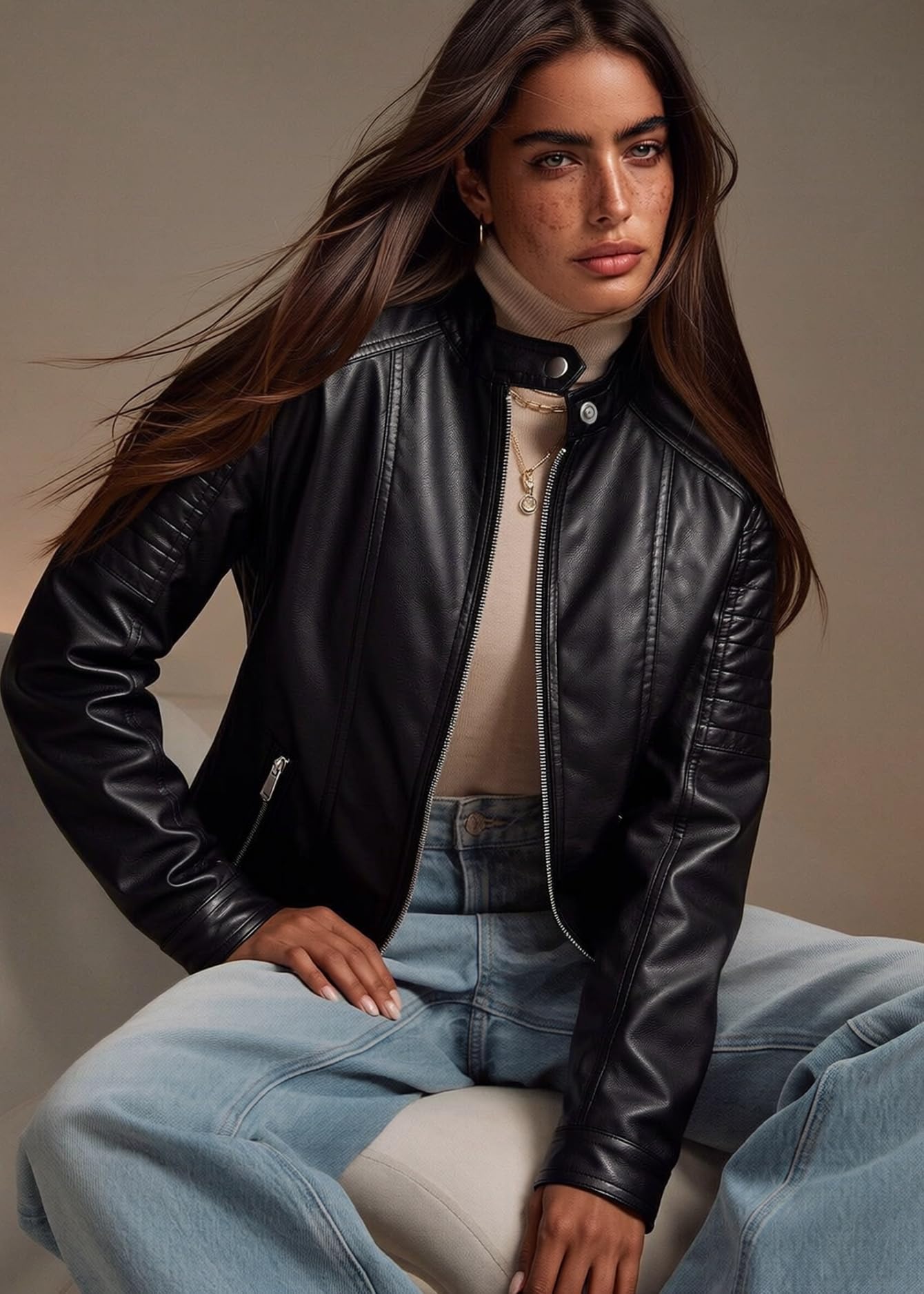 Pallivare Womens Faux Leather Motorcycle Stand Collar Jacket