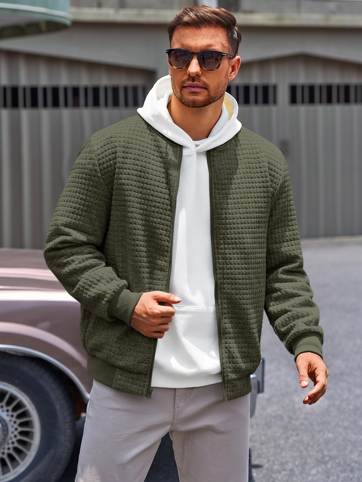 Runcati Mens Bomber Jacket Casual Lightweight Varsity Jackets Waffle Coat