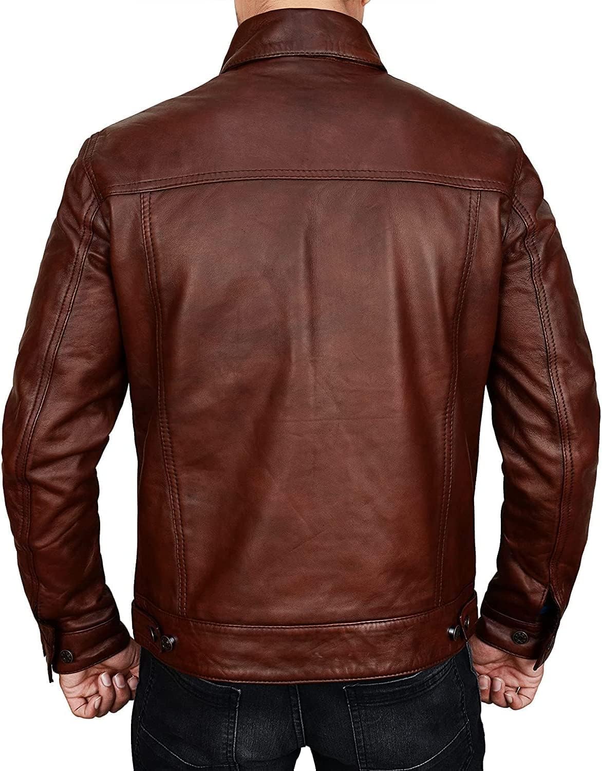 STOREJEES Brown Leather Jacket Men - Chamarras De Piel Para Hombre | Trucker Brown - M