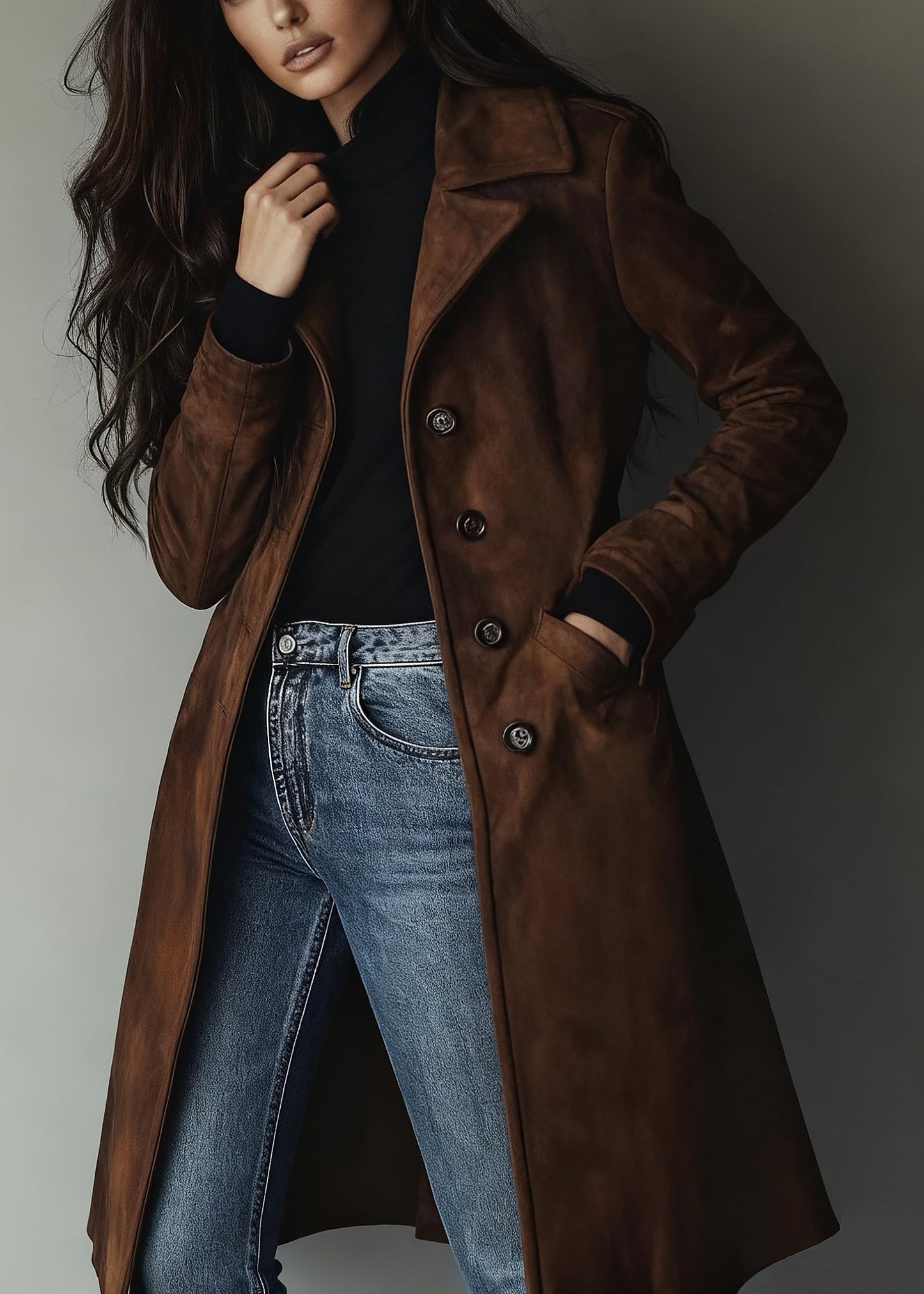utcoco Womens Long Suede Trench Coat Single Breasted Leather Trench Overcoat with Pocket (X-Small, Dark Brown)