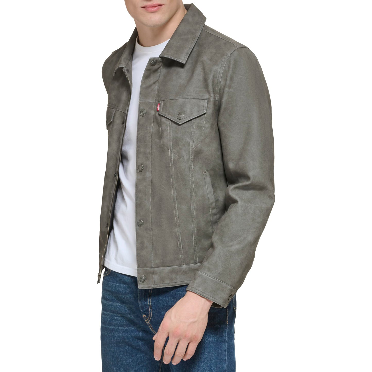 Levi's Men's Faux Leather Classic Trucker Jacket, New Light Grey, Large