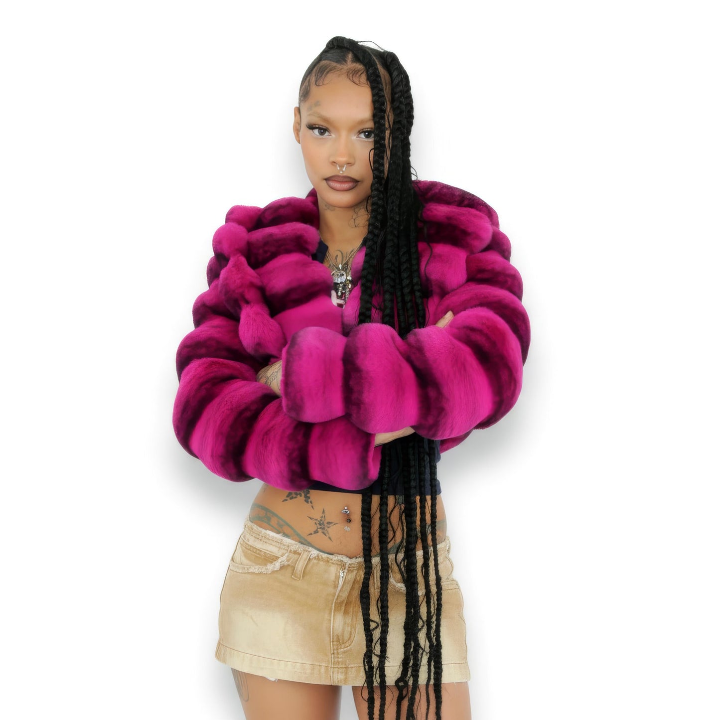 DLNYC - Luxury Chinchilla Faux Fur Jacket for Women, Cropped Puffer Style, Puffer Style, Women's Winter Outerwear (US, Alpha, Medium, Regular, Regular, Pink)