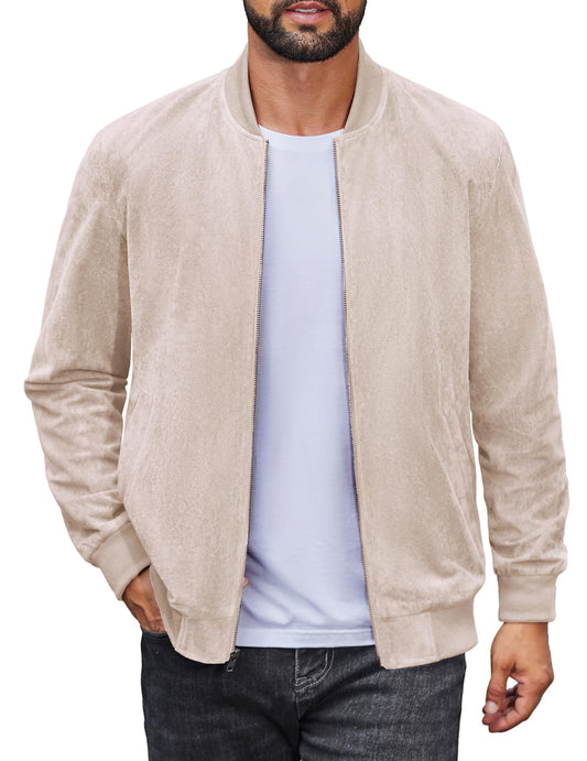 COOFANDY Mens Bomber Suede Jackets Lightweight Vintage Jackets Casual Full Zip Up Coat, Beige, Small
