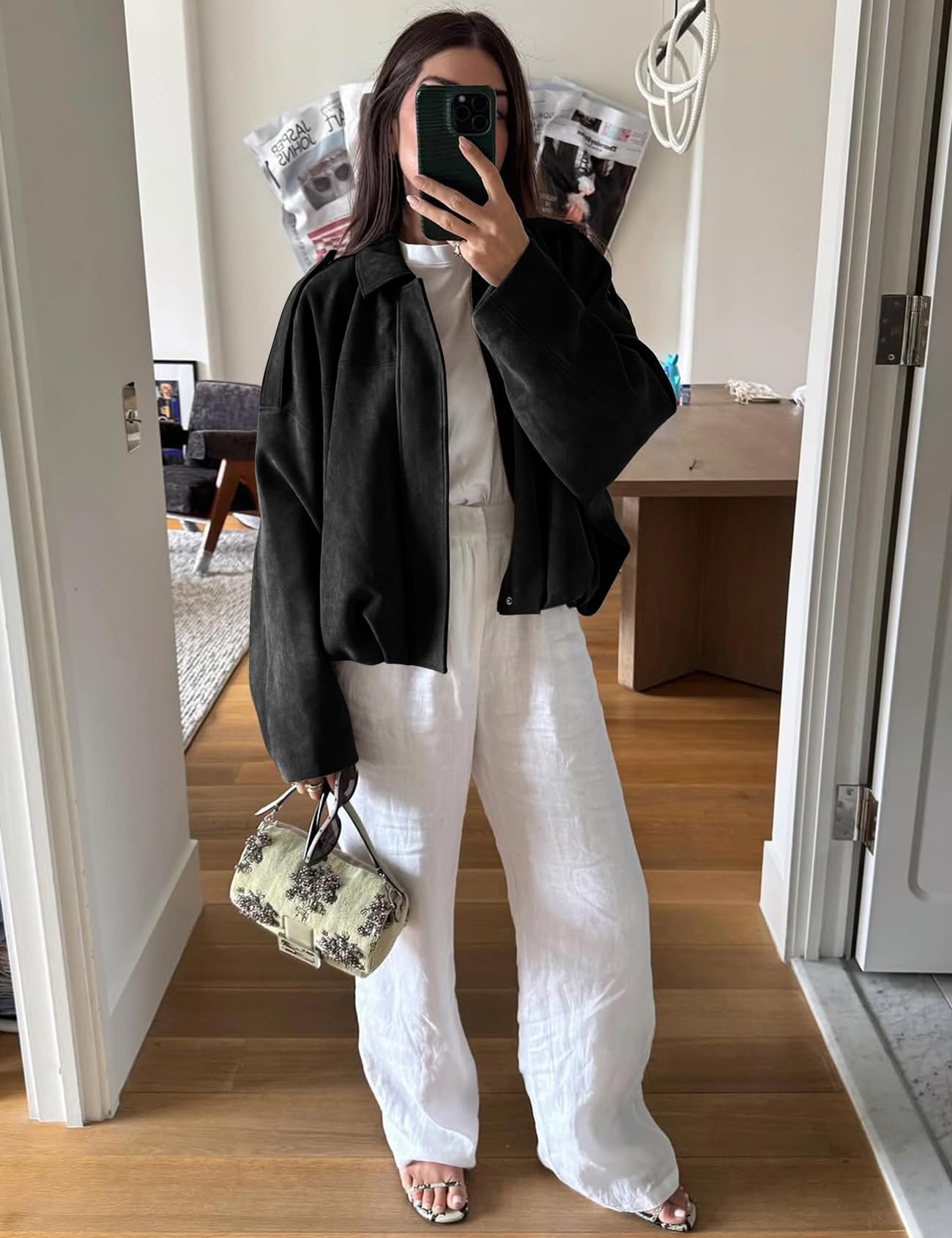 Kissonic Women's Oversized Jackets Faux Suede Bomber Jacket Lapel Pilot Cropped Casual Coat for Streetwear Outerwear(Black-L)