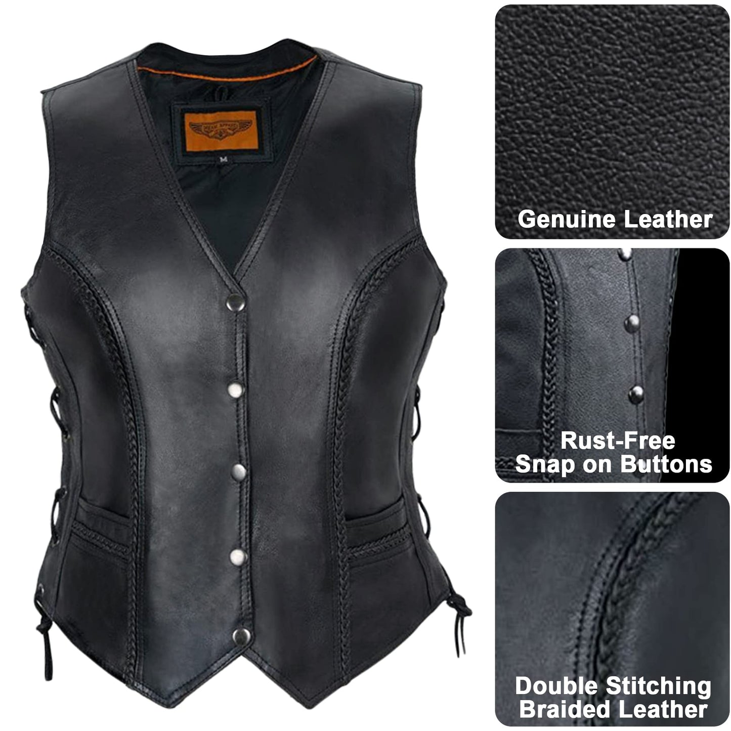 Dream Apparel Womens Black Leather Motorcycle Vest for Riding W/Concealed Carry Pockets, Biker Vest Club Vest W/Side Laces