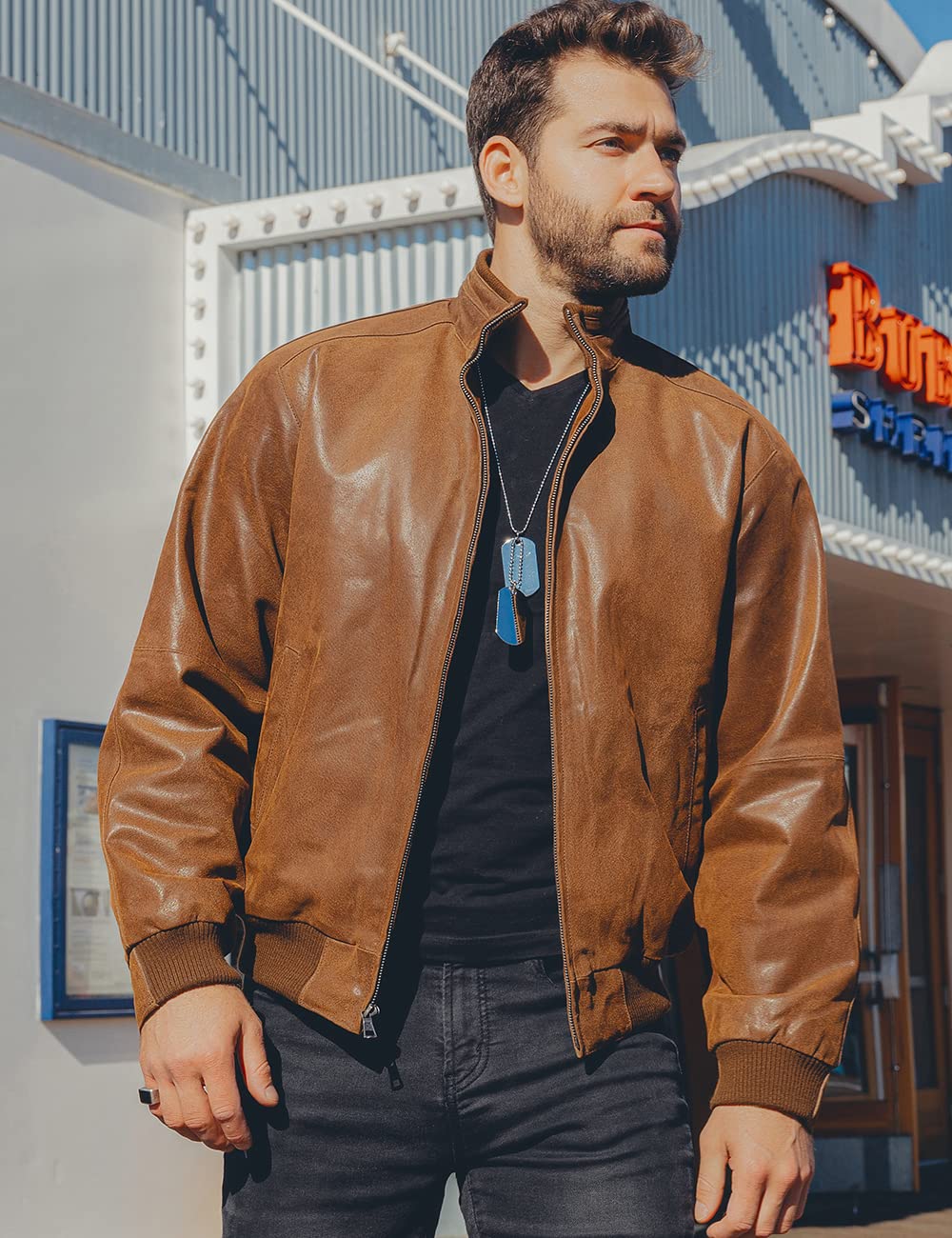 FLAVOR Men's Moto Real Leather Classic Jacket with Stand Collar (Brown, x_l)