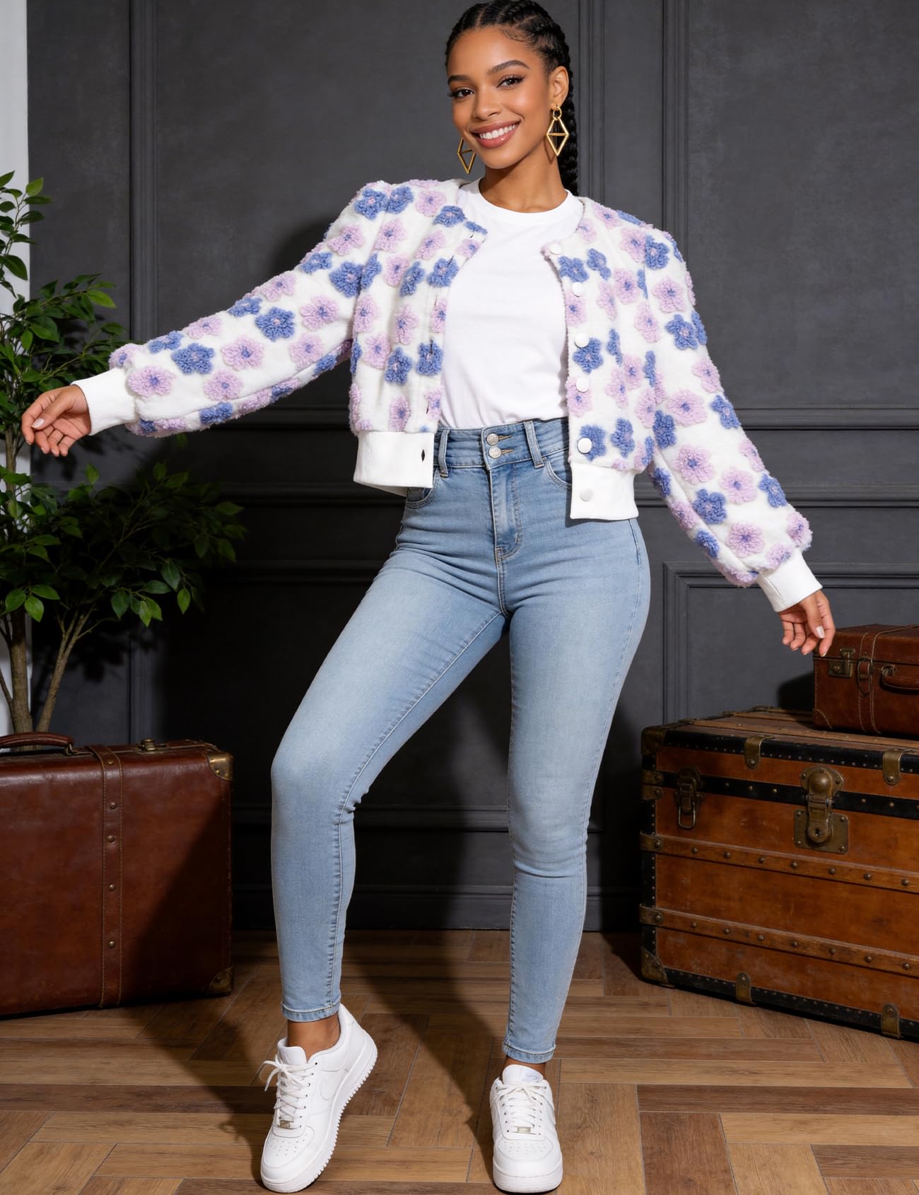 Flygo Women's Cropped Floral Print Bomber Jacket Warm Fleece Varsity Jacket Casual Button Down Puff Sleeve Coat Outerwear PurplePink-XL