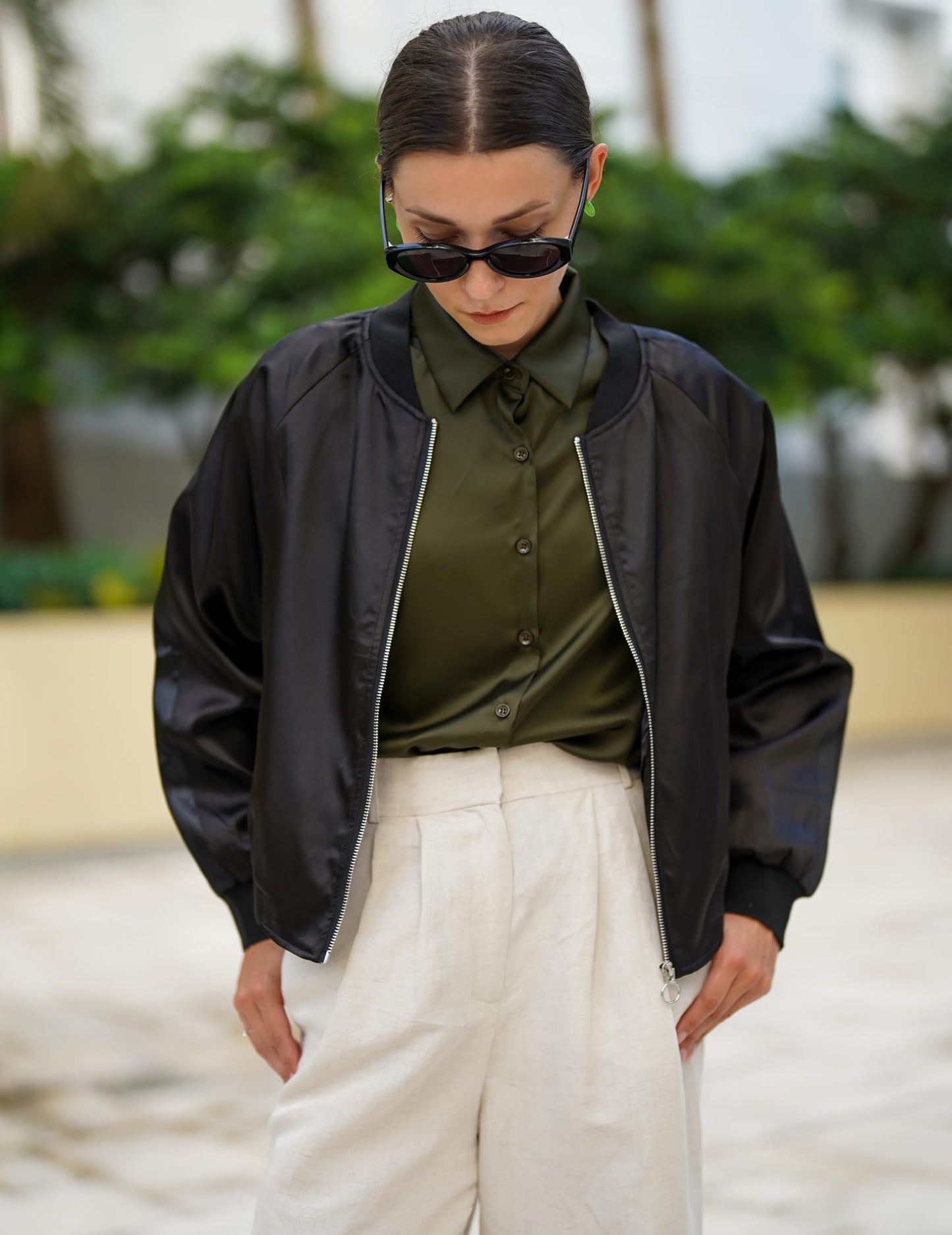 Zeagoo Jackets for Women Classic Solid Striped Biker Jacket Zip Up Fashion Bomber Jacket Coat Pure Black X-Large