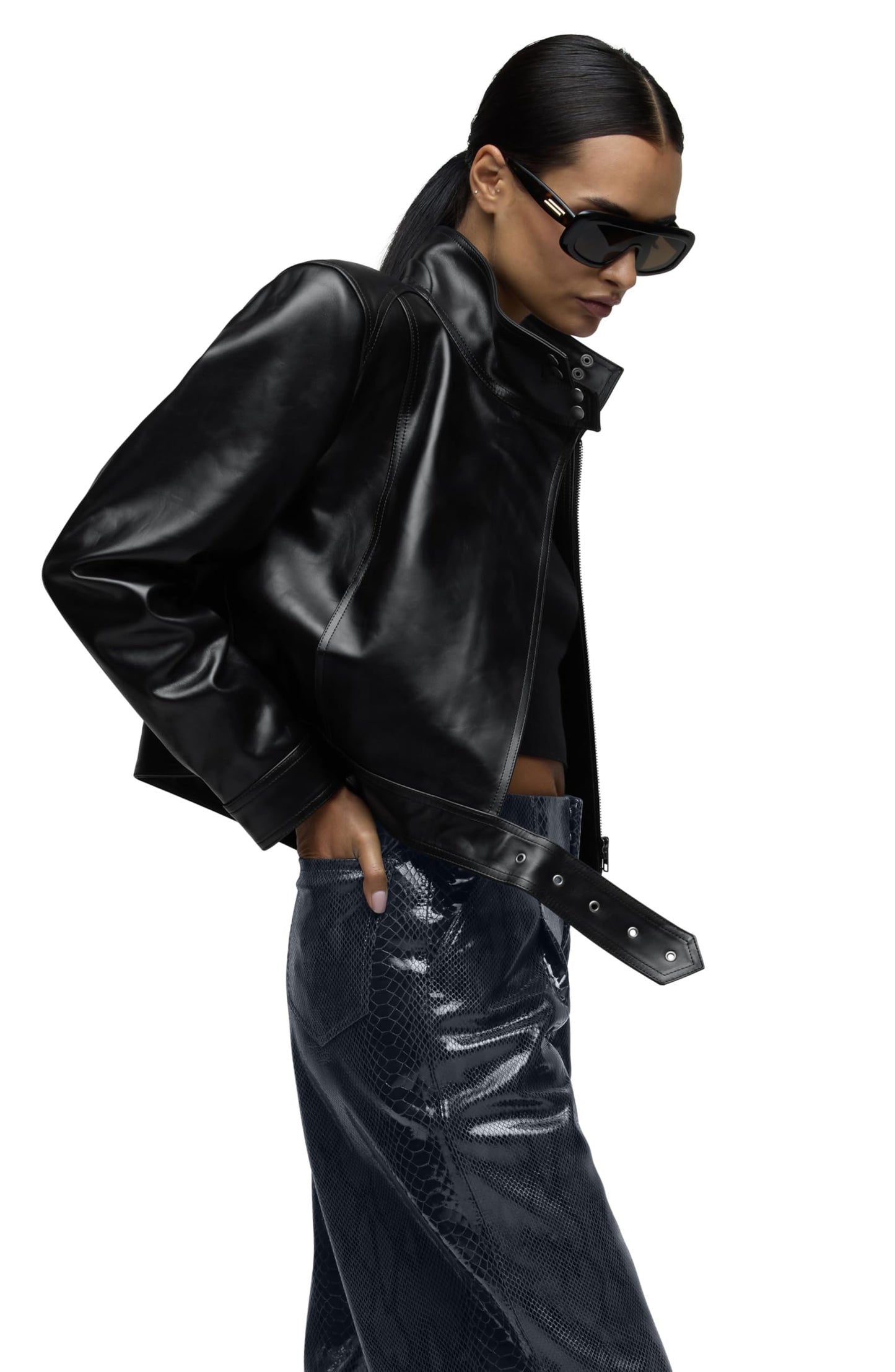 HUDSON Women's Brooks Nader Sarah Jane Leather Jacket, Jet Black, Large