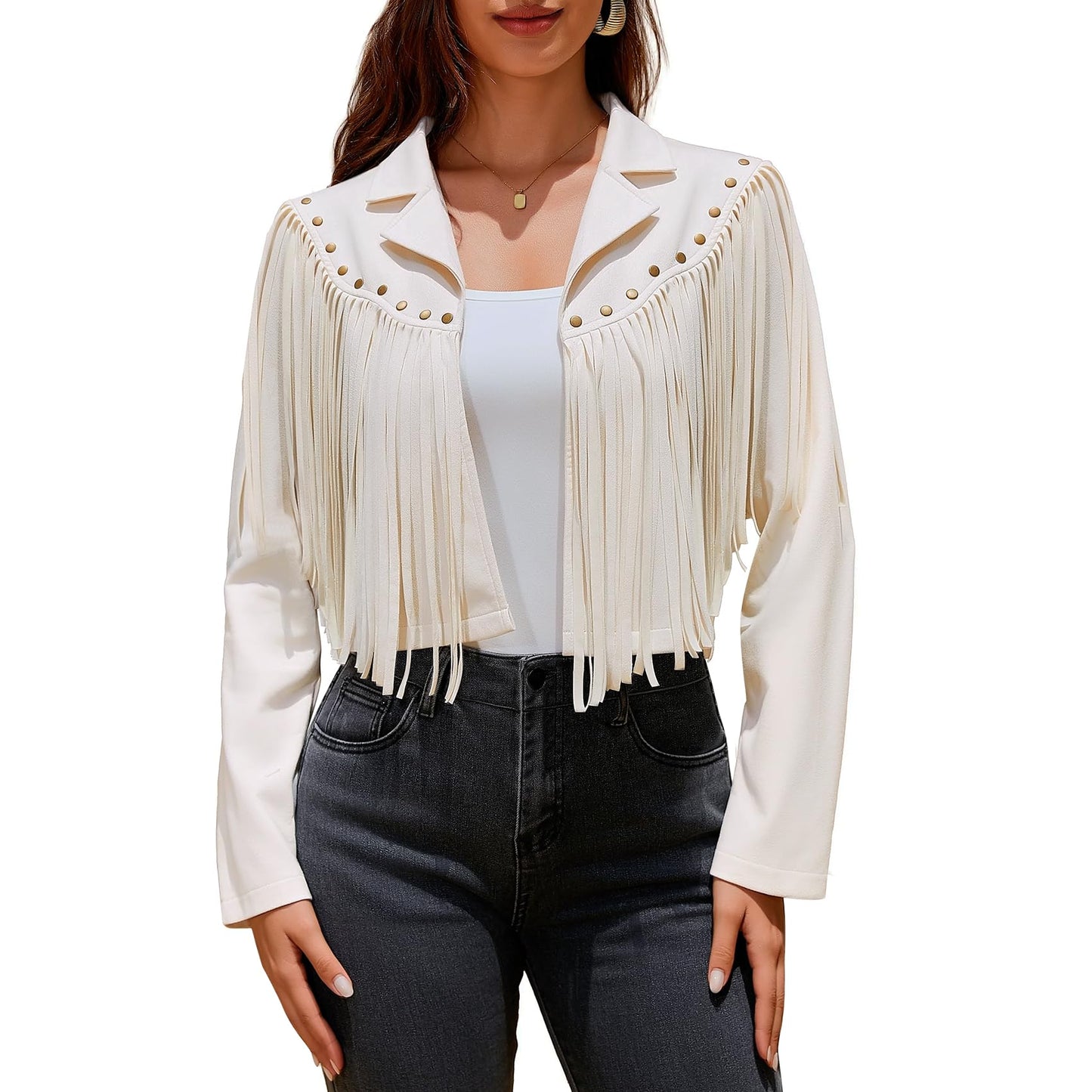 UpFind Women's Fringe Faux Suede Leather Jackets Fashion Fall Western Tassel Motorcycle Cropped Open Front Coats with Rivets, Beige/Medium