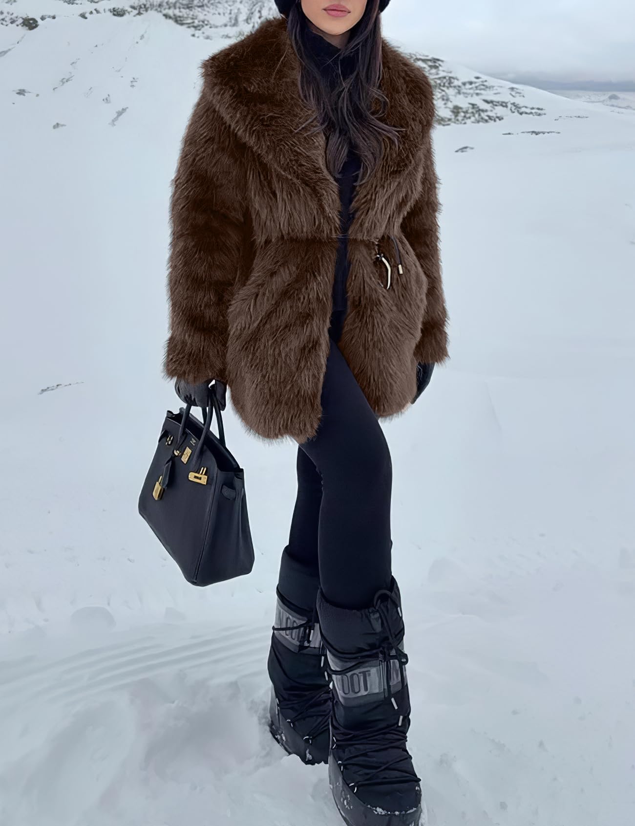 PEHMEA Women's Mid-Length Faux Fur Coats Winter Warm Fuzzy Jackets Long Sleeve Lapel Fashion Casual Fluffy Shaggy Parka Coat(Brown-M)