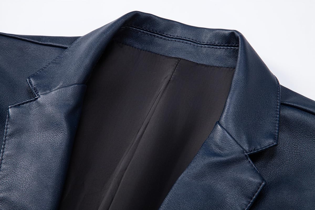 Womleys Men's Casual Notched Collar One Button Faux Leather Blazer Suit Jacket Sport Coats (Large, Blue)