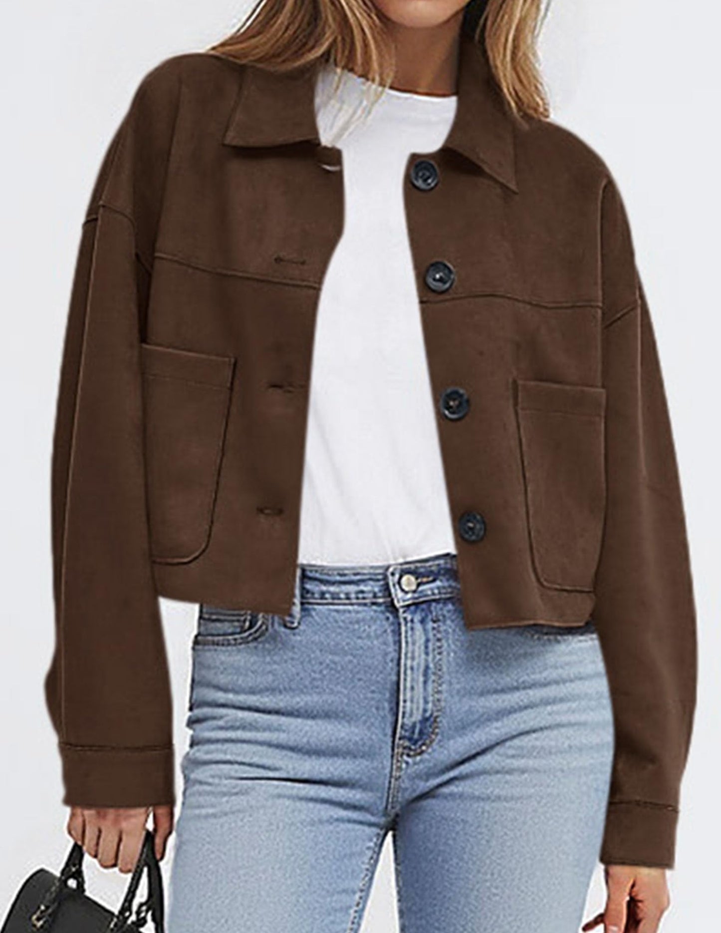 PRETTYGARDEN Women's Faux Suede Cropped Jacket Casual Lightweight Fall Fashion 2026 Winter Coats Outerwear Trendy Clothes (Dark Brown,Medium)