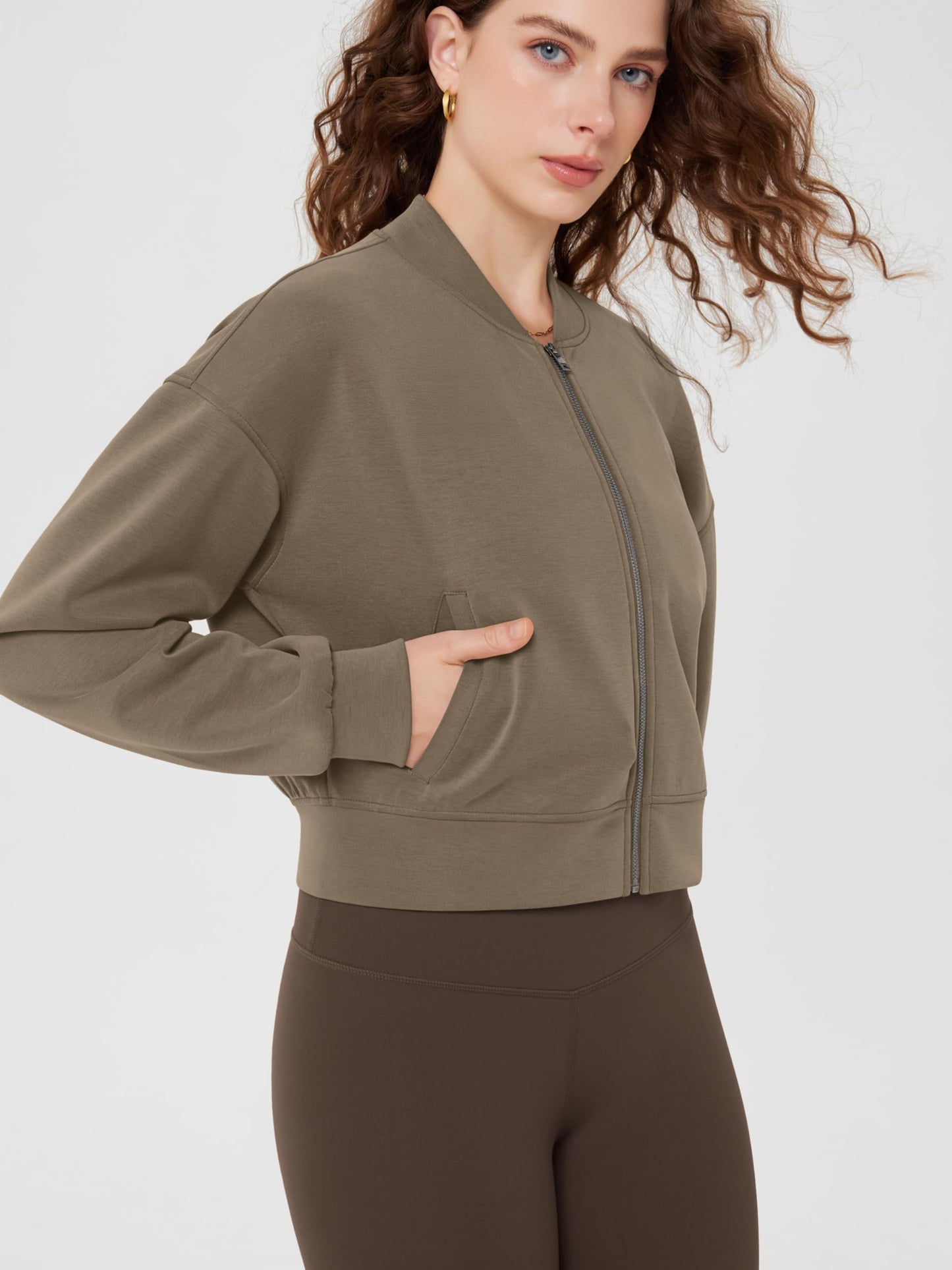 ODODOS Modal Soft Full-Zip Bomber Jacket for Women Long Sleeve Casual Fall Outfit Crop Top with Pockets, Espresso, X-Small