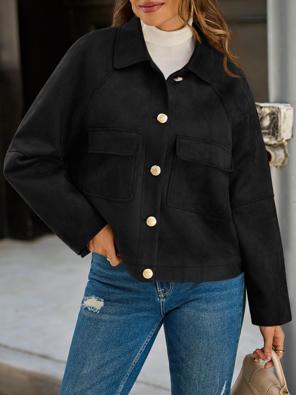 Cicy Bell Womens Faux Suede Leather Jackets Oversized Cropped Casual Lapel Collar Button Down Fall Vintage Shackets