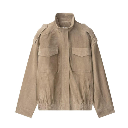 FindThy Women’s Suede Leather Jacket Vintage High Collar Long Sleeve Zip Up Oversized Outerwear Coat with Pockets(4196-Khaki-M-aLB)