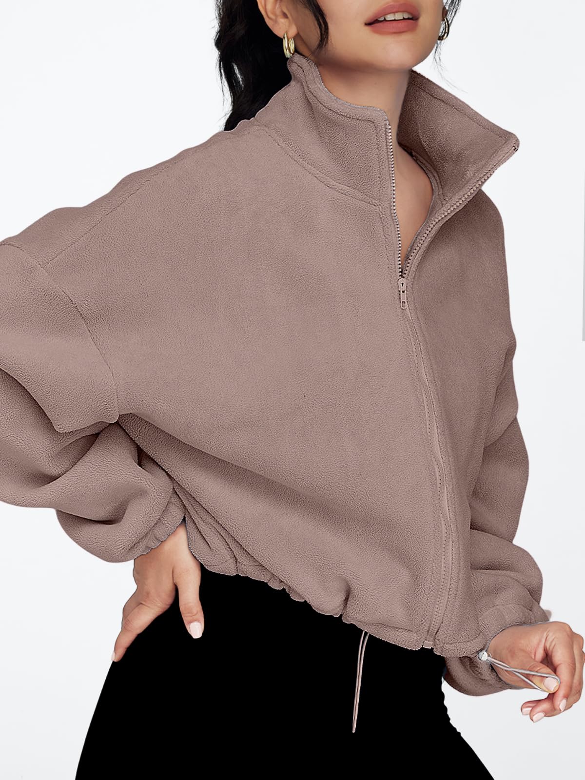 AUTOMET Womens Fleece Jackets Zip Up Oversized Cropped Sweatshirts