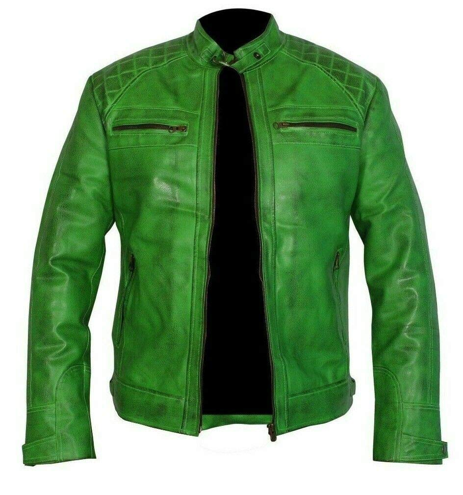 UGFashions Men's Vintage Diamond Quilted Green Leather Motorcycle Jacket