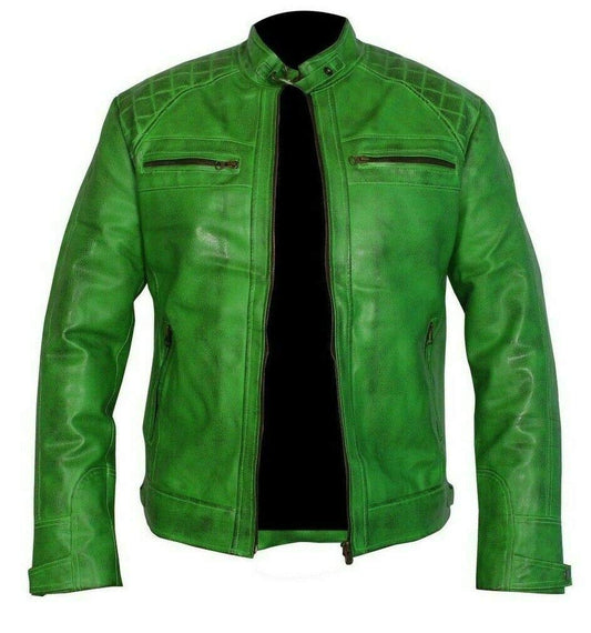 UGFashions Men's Vintage Diamond Quilted Green Leather Motorcycle Jacket