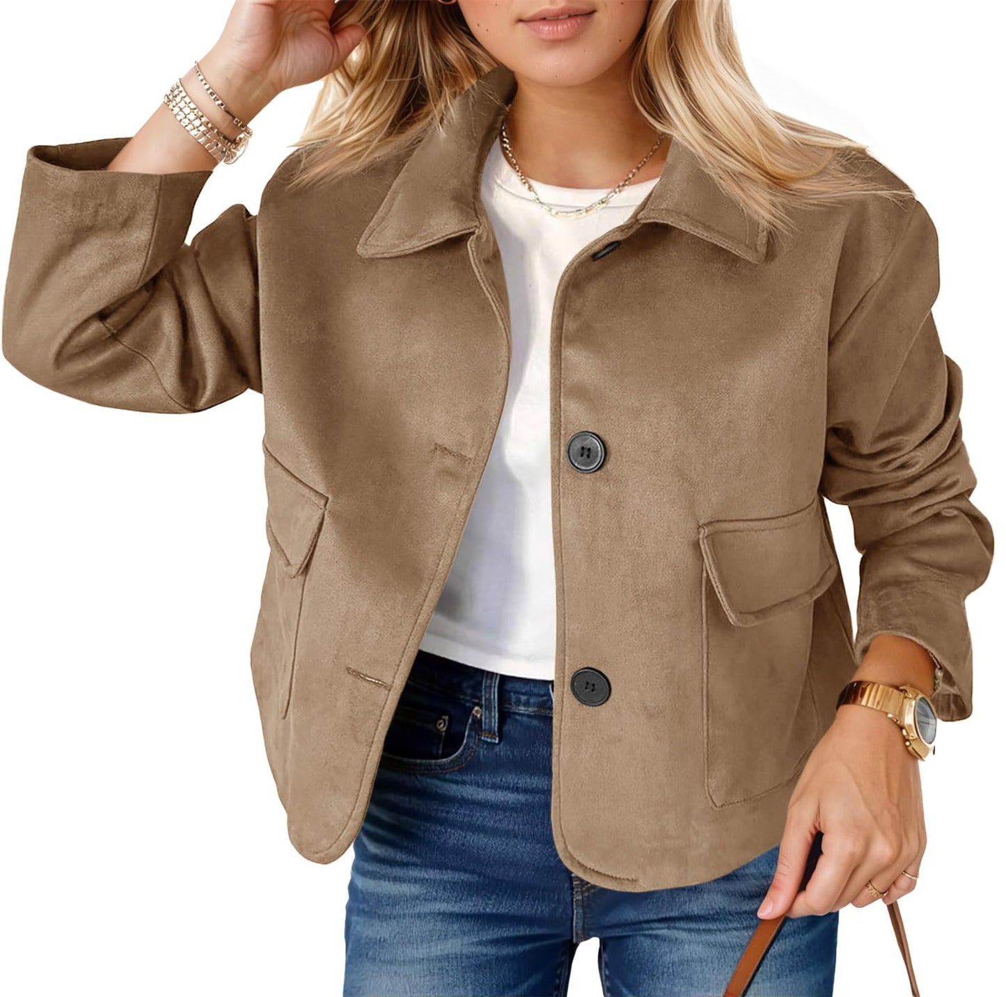 Tankaneo Womens Faux Suede Leather Jackets Casual Cropped Coats Vintage Button Down Shackets