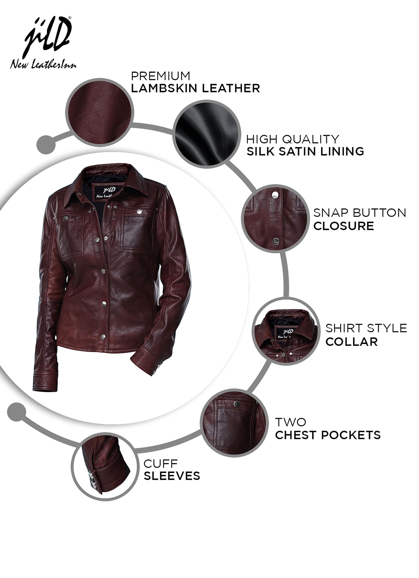 Jild Womens Button Front Lambskin Leather Jacket Shacket - Casual Shirt Long Sleeve Leather Jacket Women with Bust Pocket (Maroon-L)
