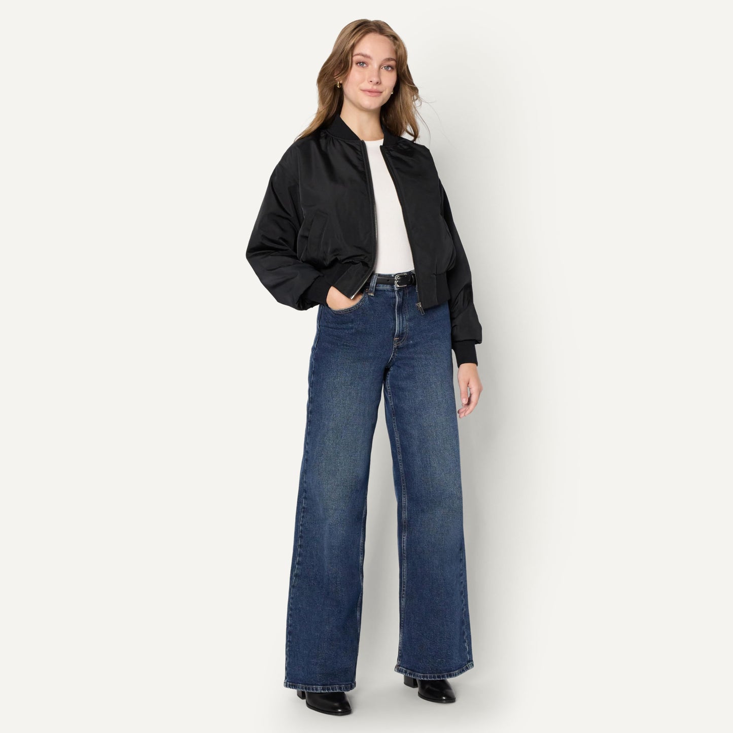 Amazon Essentials Women's Relaxed-Fit Denim Bomber Jacket, Black, Large