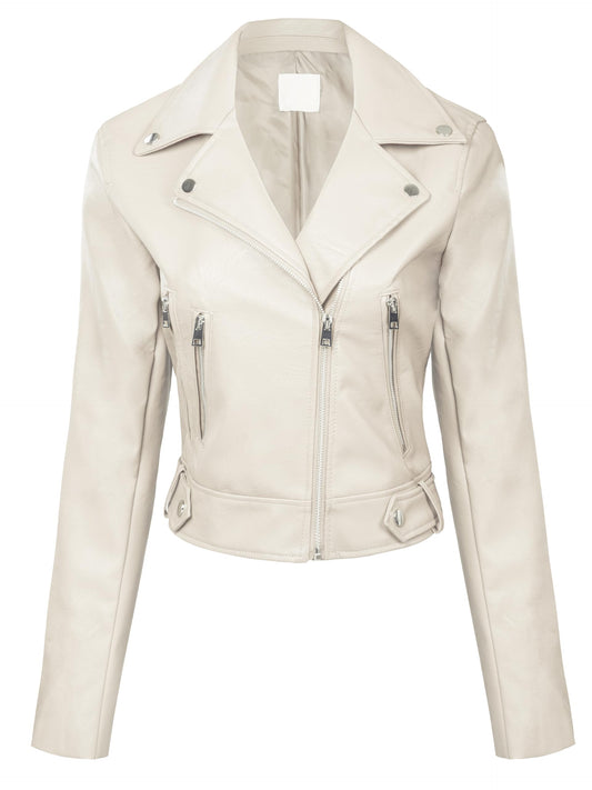 Design by Olivia Women's Asymmetrical Zip Up Faux Leather Moto Jacket White L