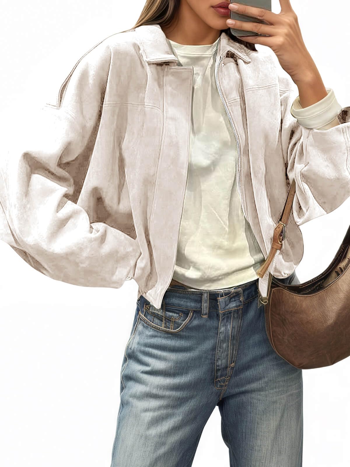 Cicy Bell Womens Faux Suede Bomber Jackets Oversized Cropped Zip Up Coats
