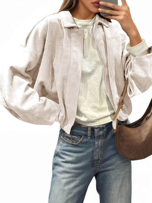 Cicy Bell Womens Faux Suede Bomber Jackets Oversized Cropped Zip Up Coats