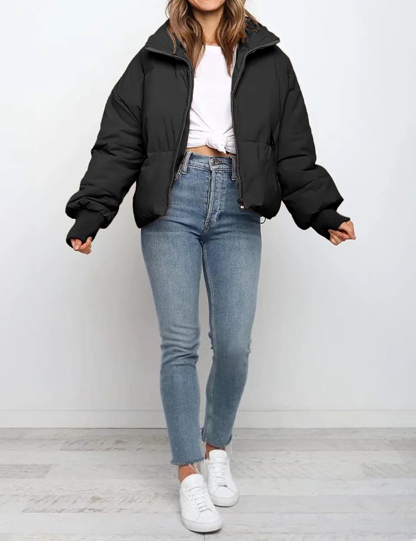MaShinequang Womens Cropped Black Puffer Jacket Zip Up Quilted Padded Coat Outwear with Pockets (Black, Large)