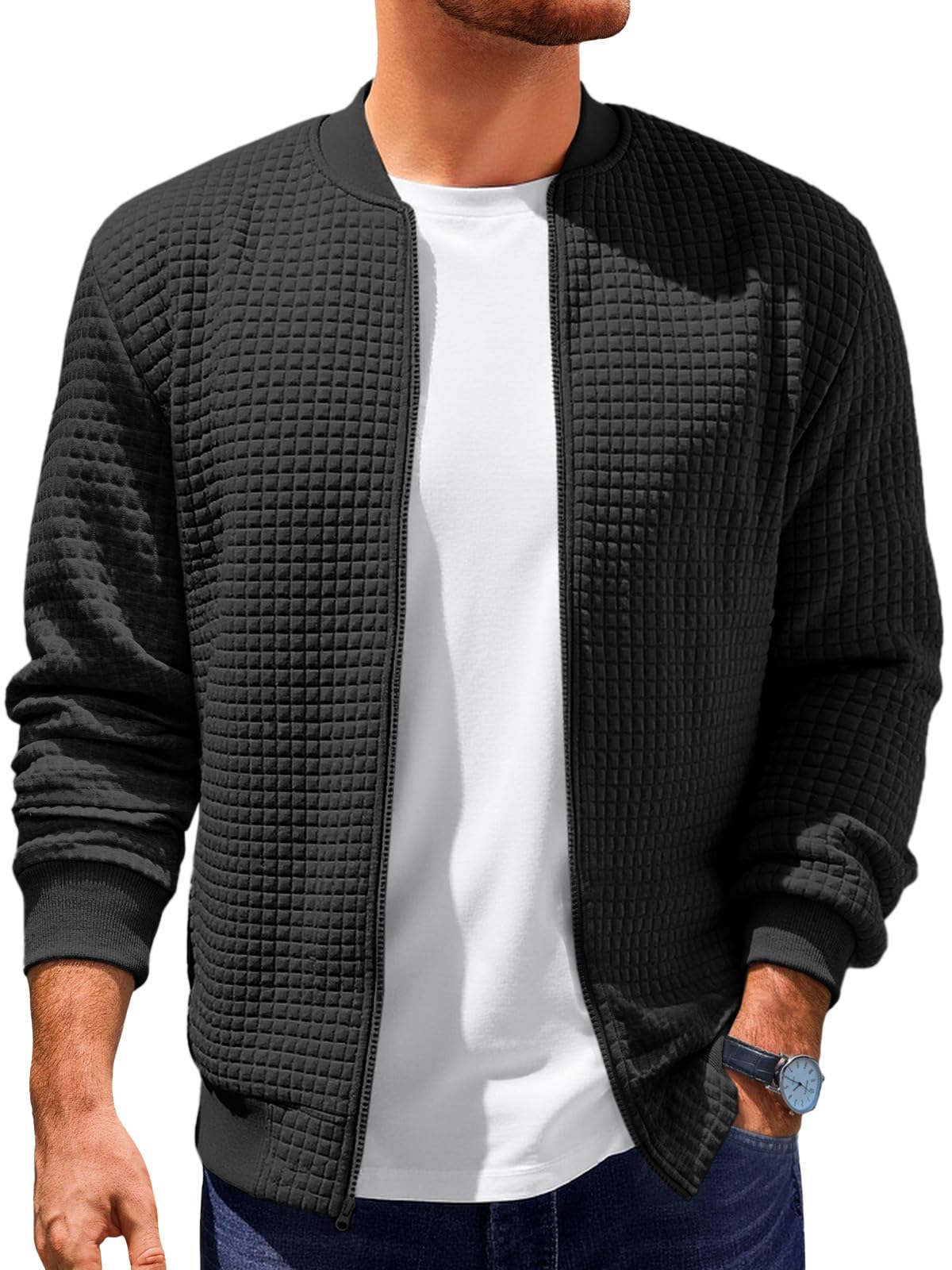 Runcati Mens Bomber Jacket Casual Lightweight Varsity Jackets Waffle Coat