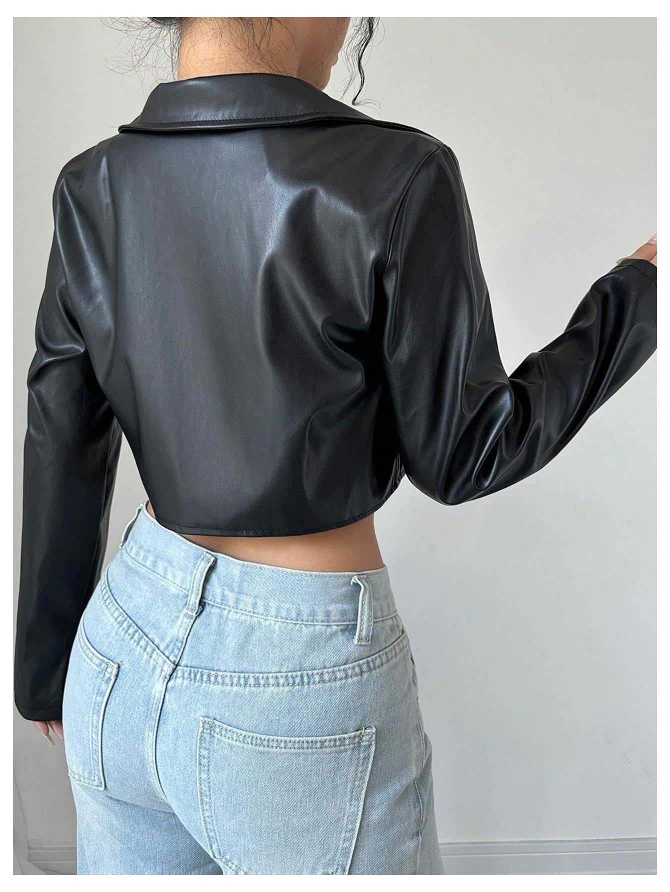 OYOANGLE Women's PU Leather Cropped Jacket Zip Up Motorcycle Jackets Coat Black Small