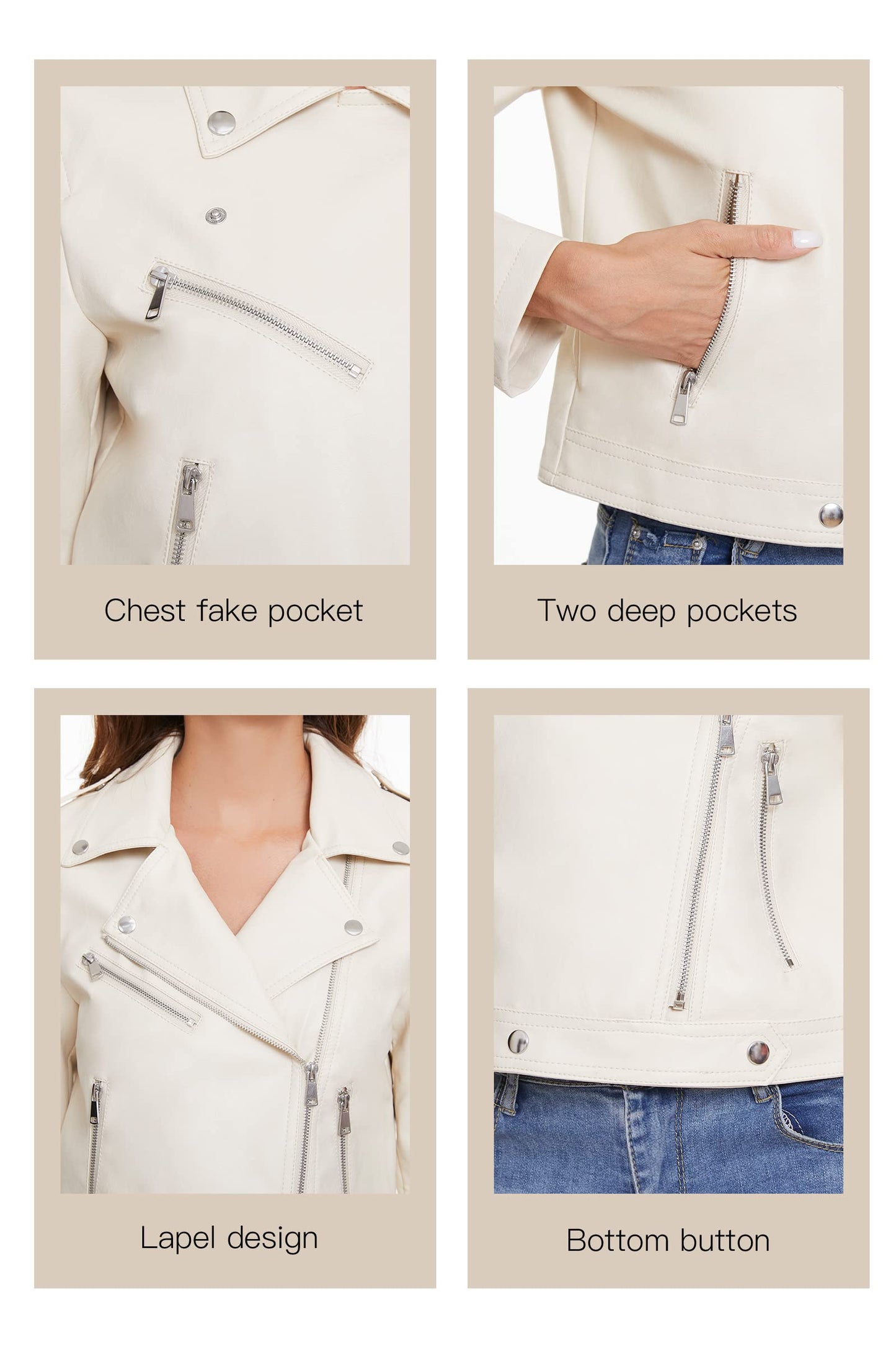 Fahsyee Women's Faux Leather Jackets, Zip Up Motorcycle Short PU Moto Biker Outwear Fitted Slim Coat White Size M