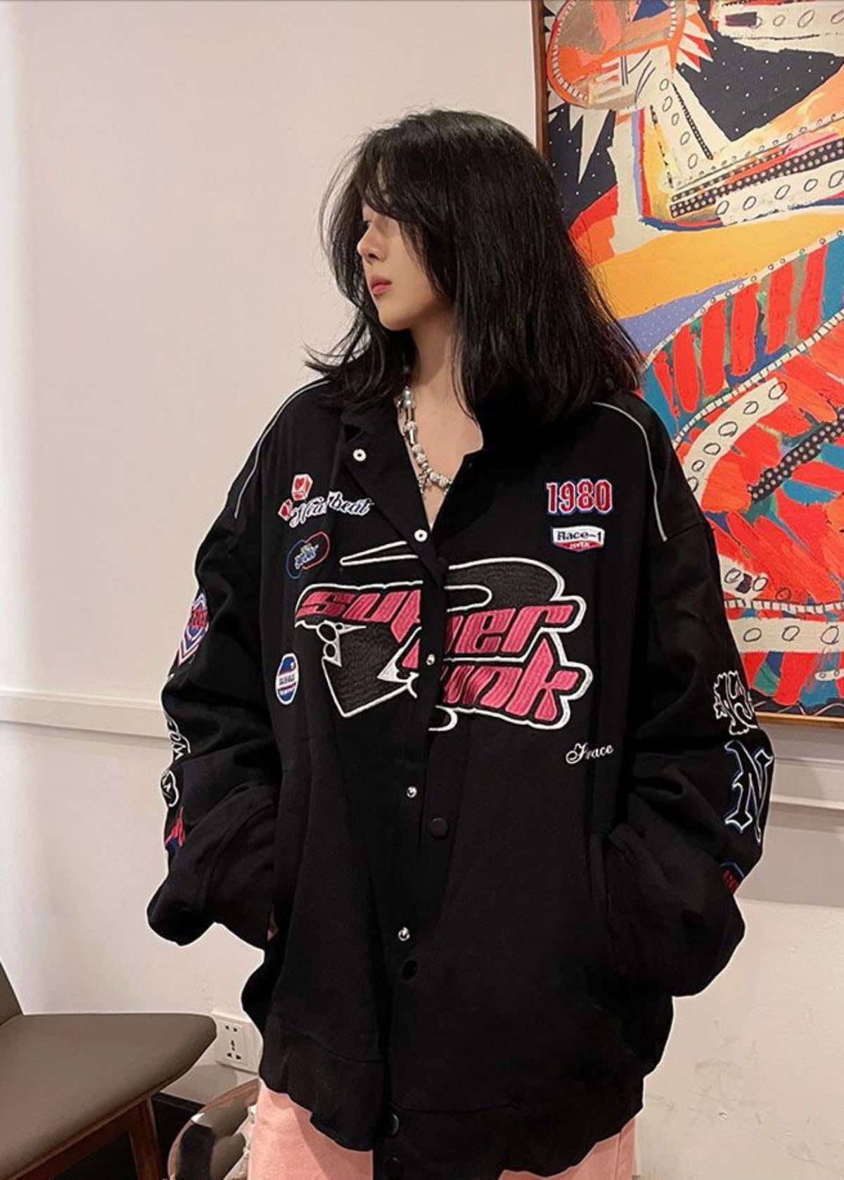 Women Y2K Vintage Varsity Jacket Hip Hop Racer Graphic Bomber Jacket Japanese Harajuku Button Up Sweatshirt Outerwear (Black,L)