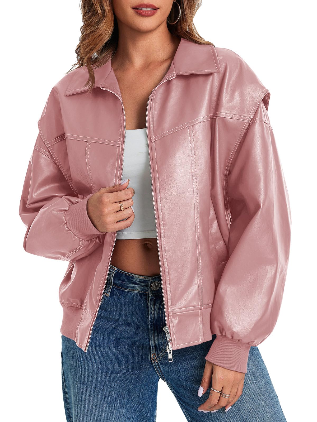 Tankaneo Womens Oversized Leather Bomber Jackets Zip Up Motorcycle Coats