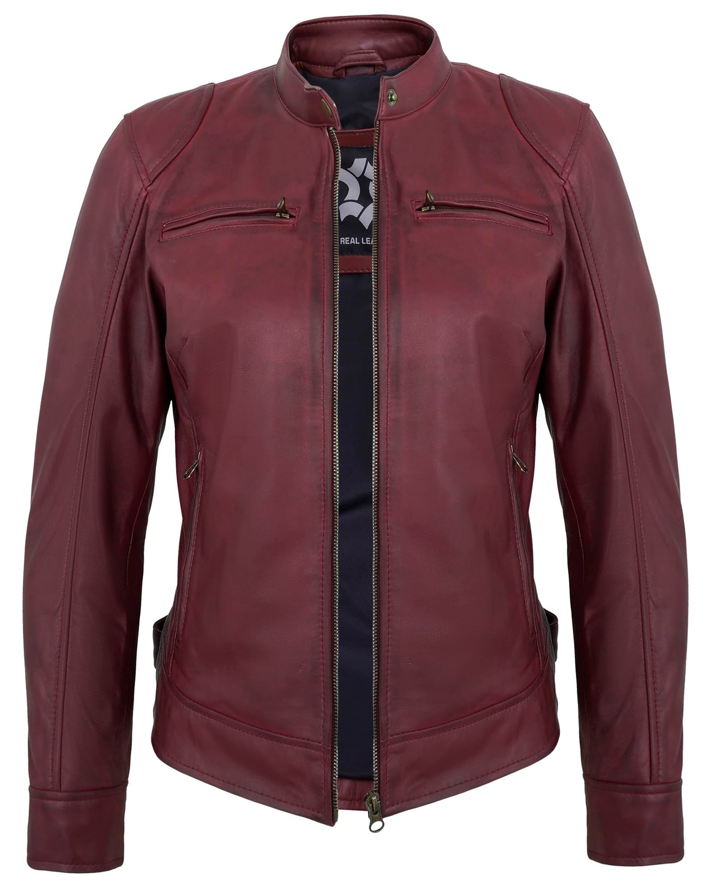 UrbanFocal Maroon Leather Jacket Women - Real Lambskin Biker Leather Jacket Women | [101007903] Maroon Ddge, M