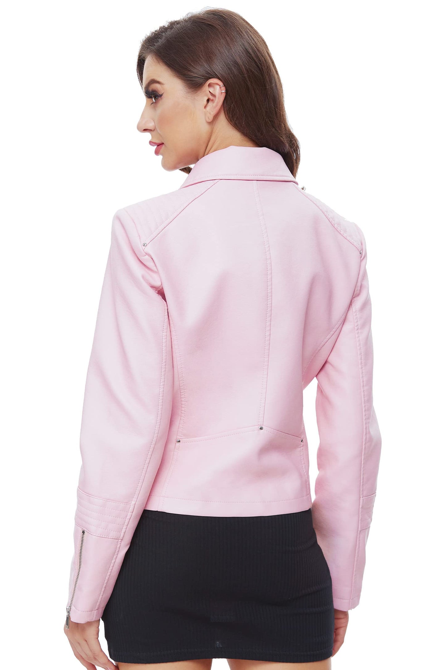 Fahsyee Women's Pink Leather Jackets, Faux Motorcycle Bomber Moto Biker Plus Size Coat Short Lightweight Vegan Pleather Fashion L