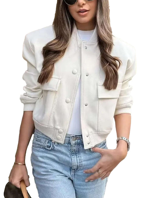Megfie Womens Cropped Bomber Jacket Button Down Varsity Jackets Shackets with Pockets(0394-Beige-L)