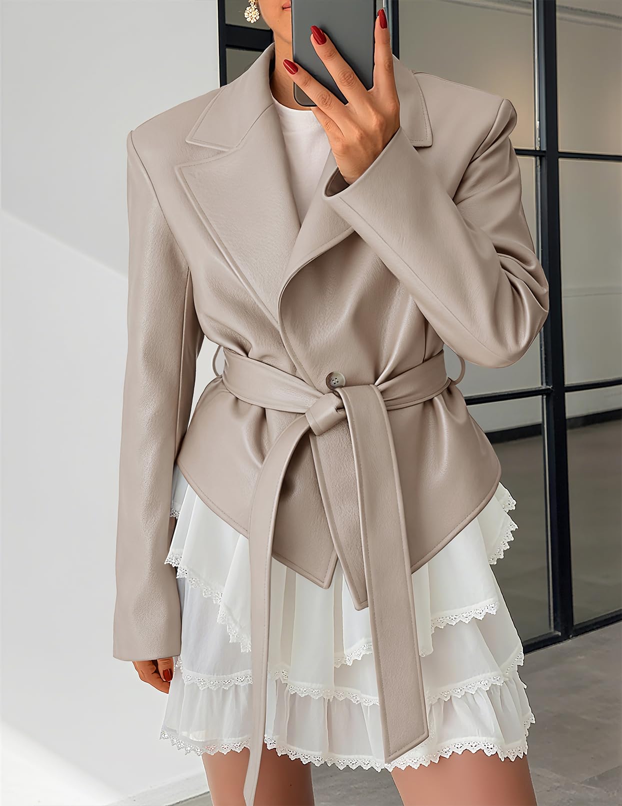 MEROKEETY Women's Fall Fashion 2025 Leather Jacket Casual Belt Button Down Blazer Trendy Coat Outerwear, Apricot, Medium