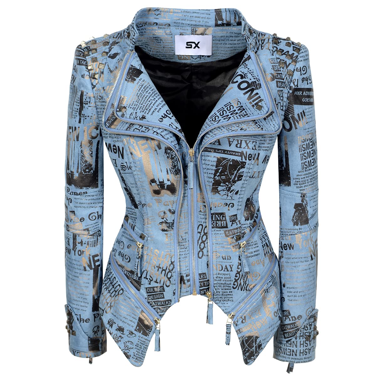 SX Women's Fashion Studded Perfectly Shaping Faux Leather Biker Jacket (L, Suede Blue)