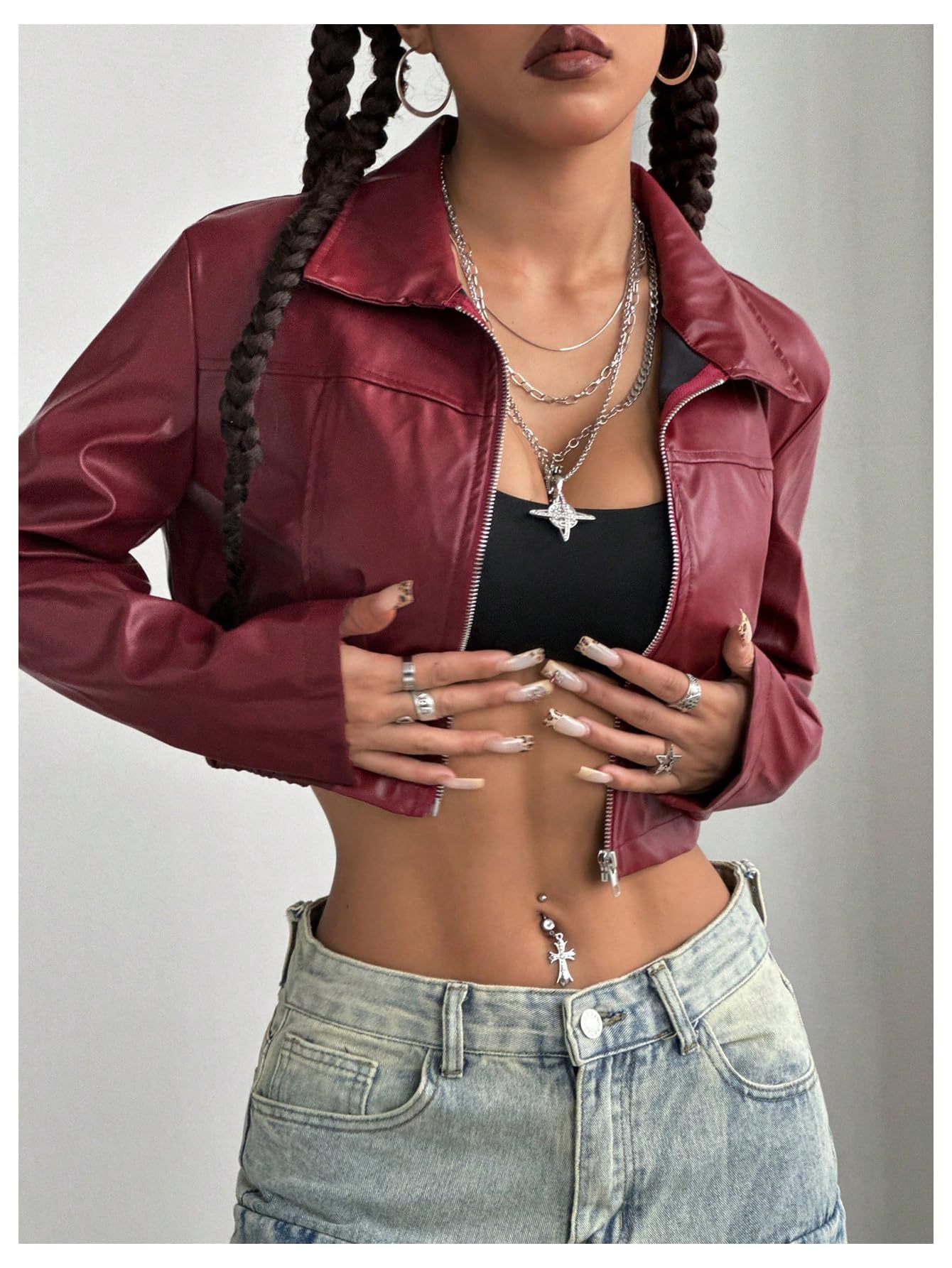 Verdusa Women's Motorcycle Leather Race Car Jacket Cropped Streetwear Lightweight Long Sleeve Outerwear Burgundy Small