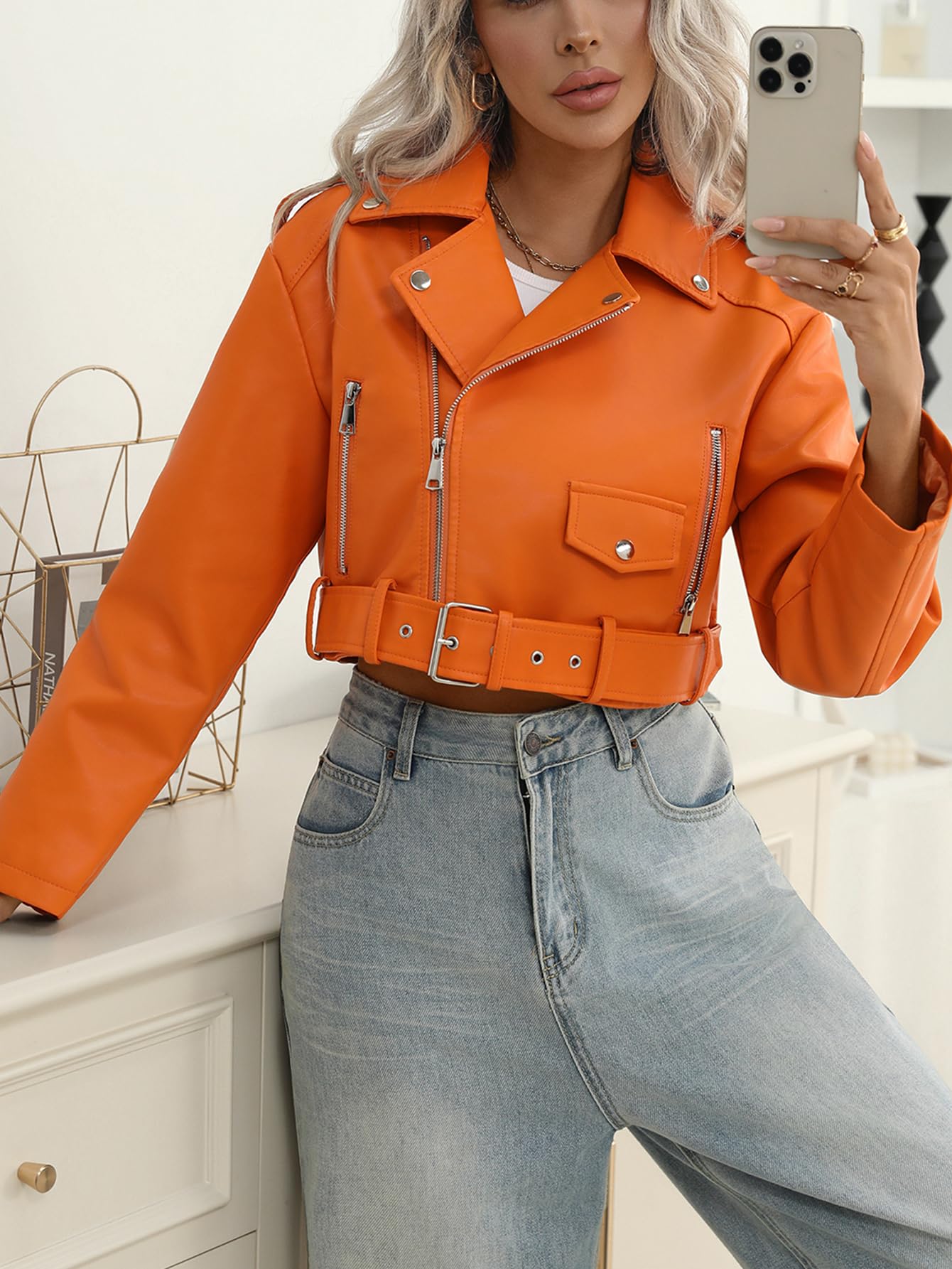 LY VAREY LIN Women Faux Leather Cropped Jacket Bomber Aviator Motor Biker Coat with Belt