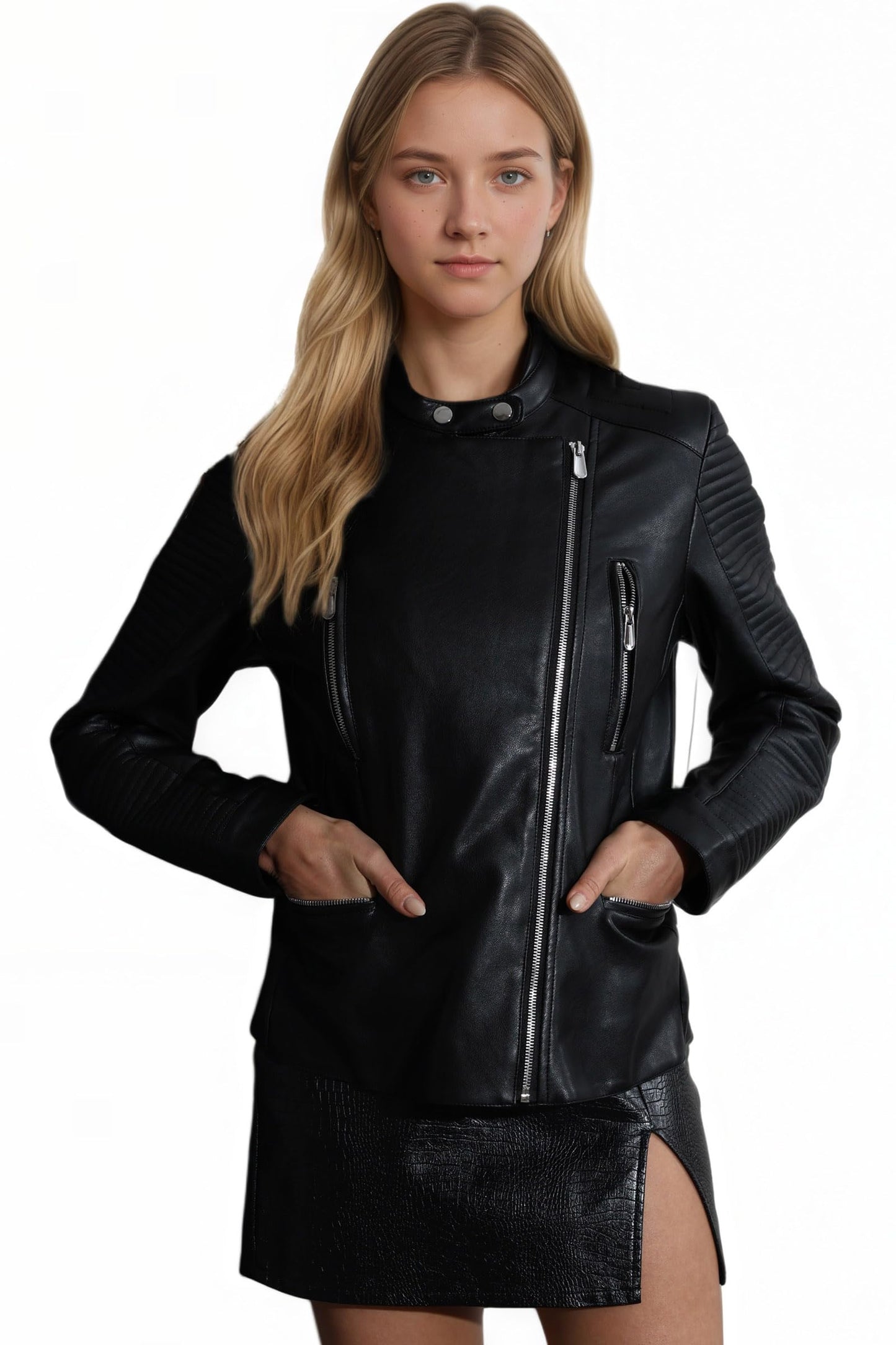 RISISSIDA Women Faux Leather Jacket,Premium Motorcycle Jacket,Vegan Pleather Fall Spring Fashion,Quilted Sleeves,Multi-Zipper Pockets,Asymmetrical Biker Style,Casual Stylish Coat Lapel Black 636 L